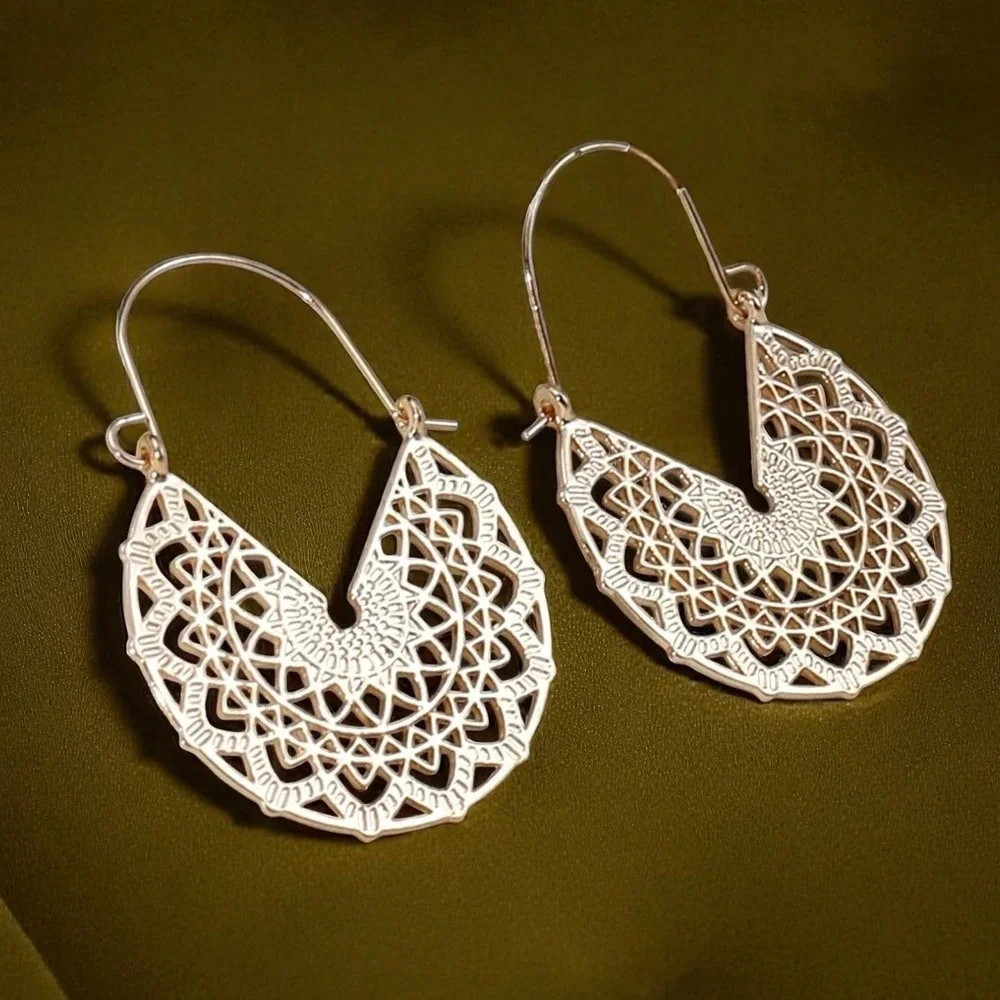 4 Pcs‎ New Gold Native Boho Aztec Patina Earrings Hoop Tribal Ornate Rustic